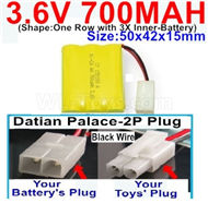 3.6V 700MAH Battery-With Datian Palace-2P Plug(The D-Shape hole is Black wire)-(Shape-One Row with 3X Inner-Battery)-Size-50x42x15mm,3.6V NI-CD NI-MH 700MAH Battery be suit for RC Truck,RC Car,RC Boat,RC Robot,rc tank,rc Quadcoter,Drone,RC Helicopter,etc.
